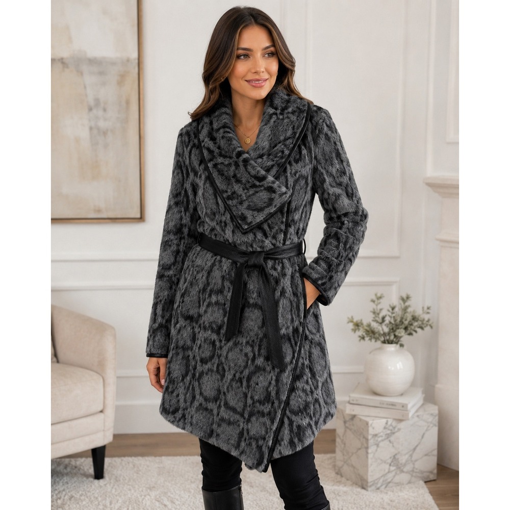 Diane Von Furstenberg Gray Leopard Faux Fur Coat Asymmetrical Shawl Collar L